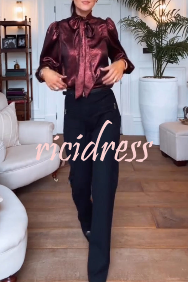 Ariella Metallic Satin Fabric Tie-up Bow Neck Long Sleeve Blouse