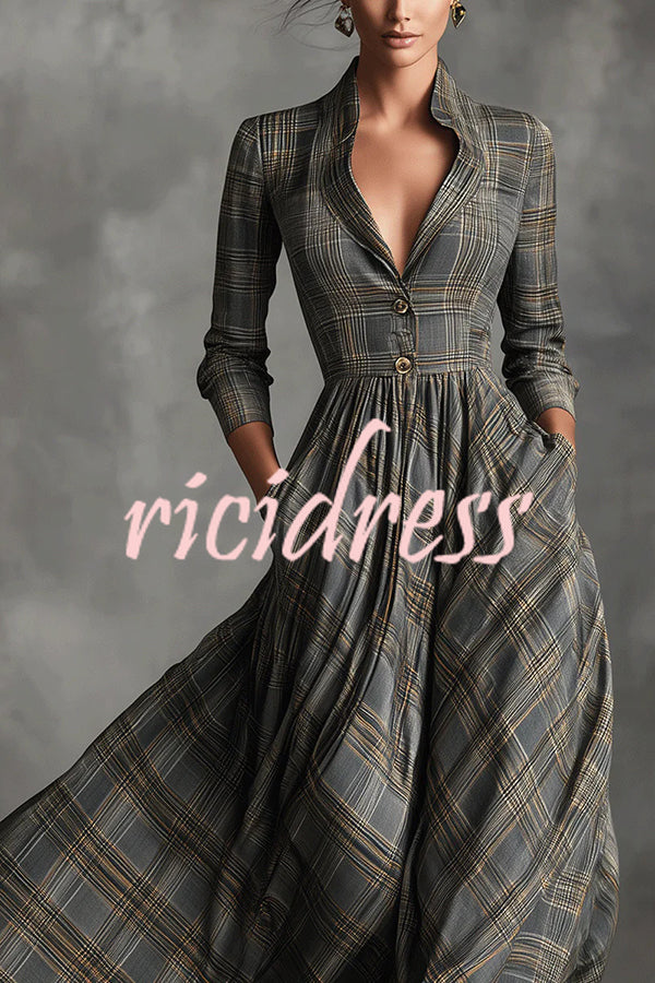 Plaid Print Long Sleeve Slim Fit Casual Pocket Maxi Dress
