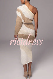 Soft Autumn Knit Colorblock One Shoulder Sleeve Ribbed Trim Loose Sweater