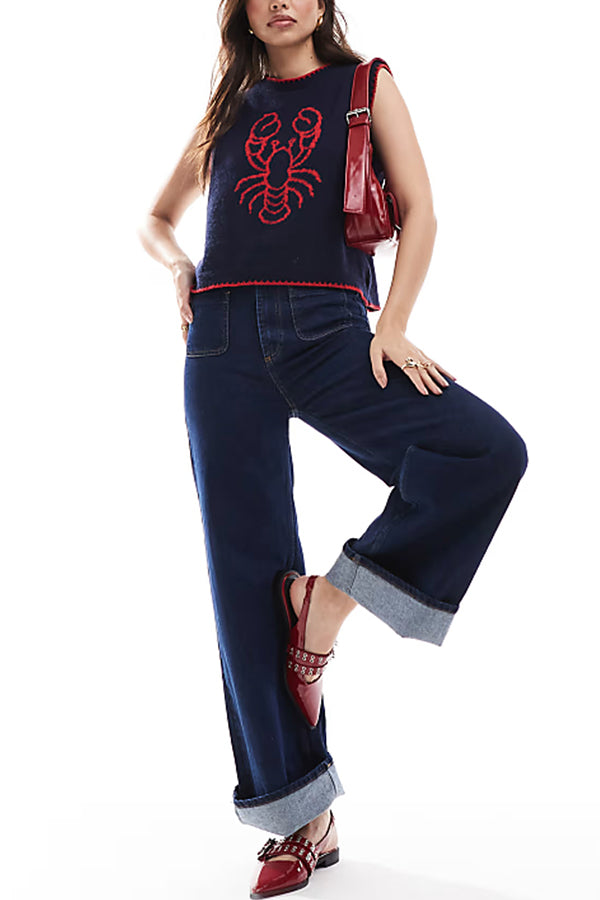 Marine Life Pattern Crew Neck Sleeveless Knit Tank Top