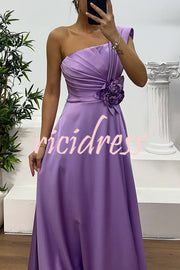 Nasha Satin Pleated One Shoulder Petal Gemstone Detail Pocket Slit Maxi Dress