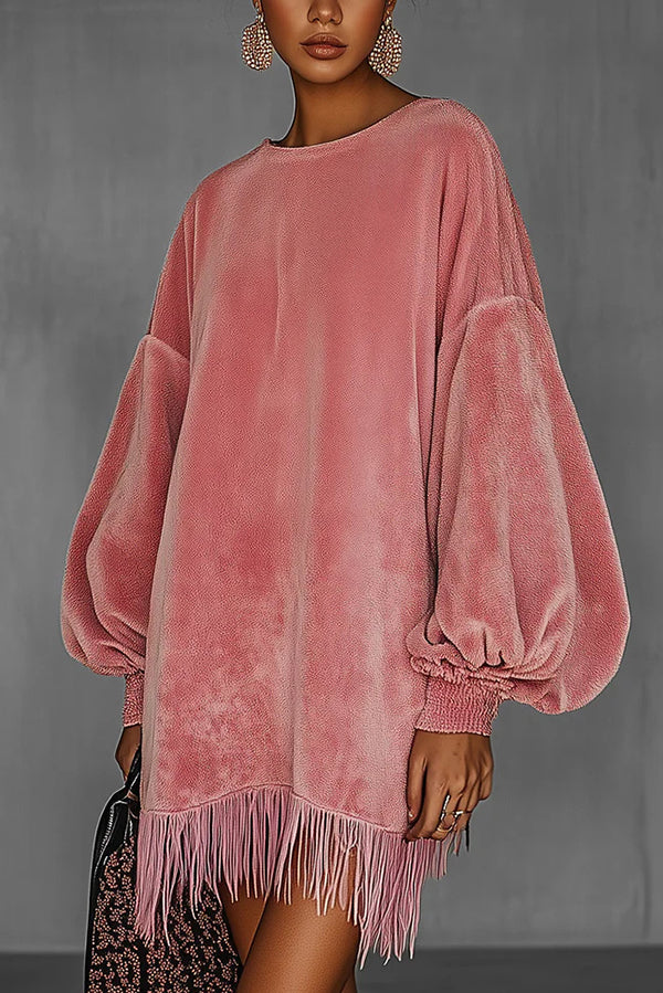Solid Color Loose Long-sleeved Casual Tassel Hem Mini Dress