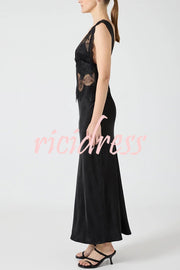 Wonderful Fusion Satin Lace Trim See-through Waist V-neck Drape Maxi Dress