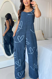 Fashion Cartoon Print Loose Round Neck Back Pleated Casual Pocket Wide Leg Jumpsuit