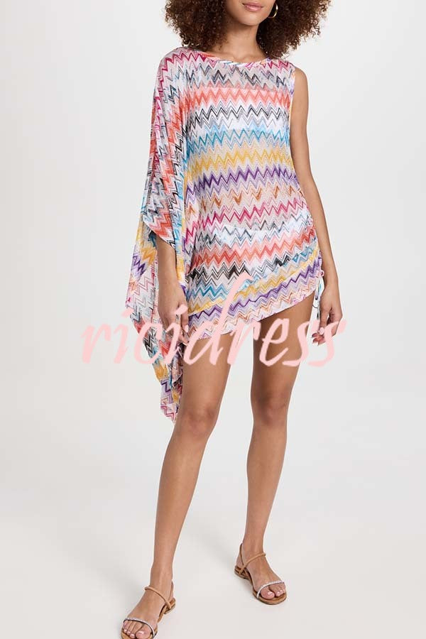 Arloe Knit Colorful Zigzag Pattern Asymmetric Flare Sleeve Ruched Tie-up Mini Dress