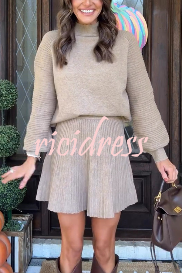 Solid Color Round Neck Puff Sleeve Loose Knit Sweater and Casual Striped Mini Skirt Set
