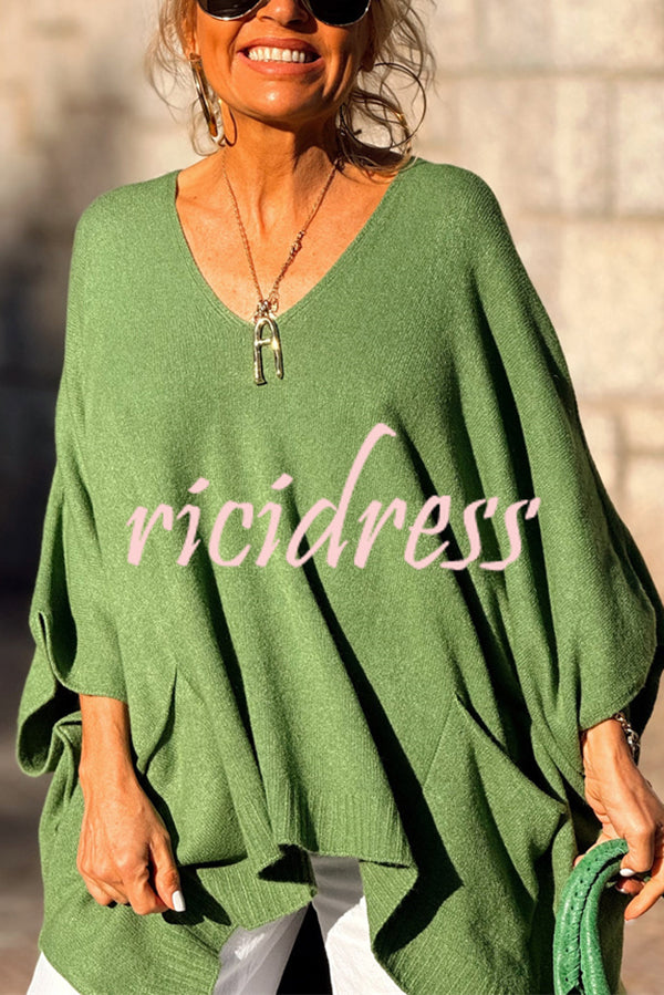 Fashion V-neck Loose Pocket Mid-length Knitted Sweater