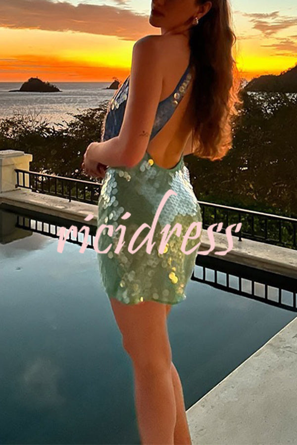 Fashion Sexy Sequined Backless Halter Neck Slim Fit Mini Dress