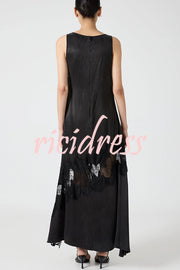Pretty Soul Satin Lace Trim Wide Neck Irregular Hem Slit Maxi Dress