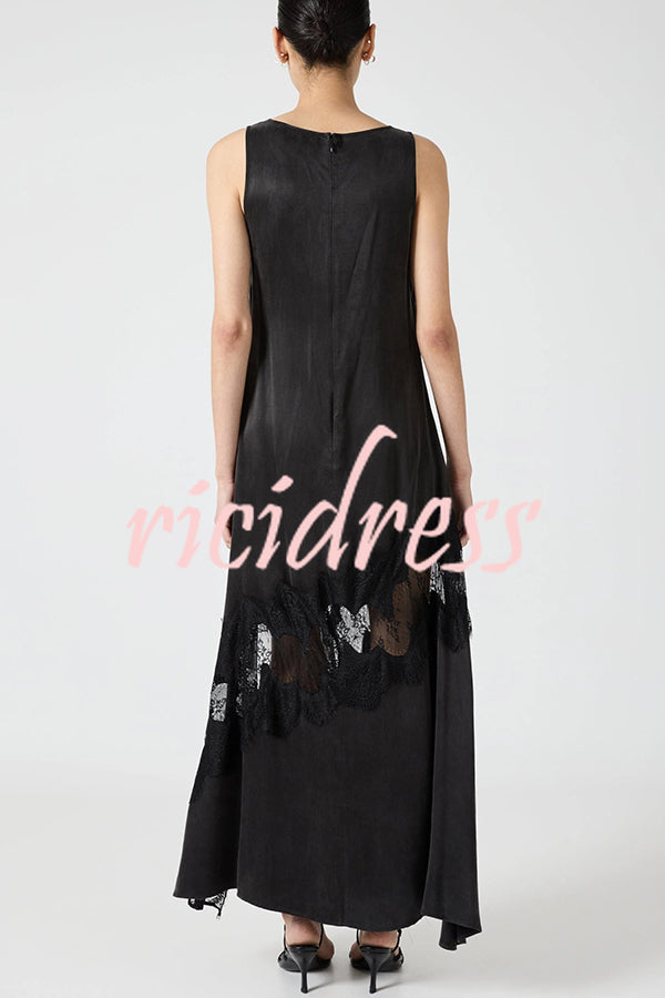 Pretty Soul Satin Lace Trim Wide Neck Irregular Hem Slit Maxi Dress