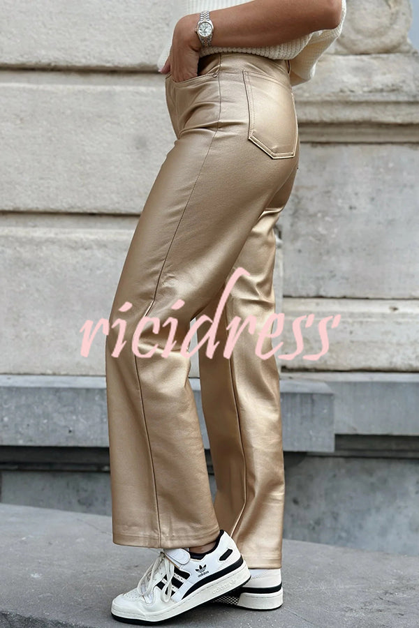 Stylish Metallic Fabric Pocket Casual Straight Wide-Leg Pants