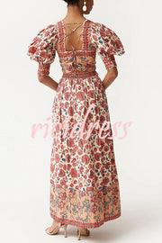 Floral Print Square Neck Puff Sleeve Tie Top and Elegant Casual Maxi Skirt Set