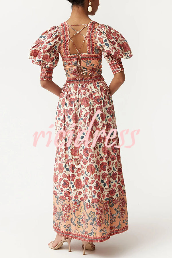 Floral Print Square Neck Puff Sleeve Tie Top and Elegant Casual Maxi Skirt Set