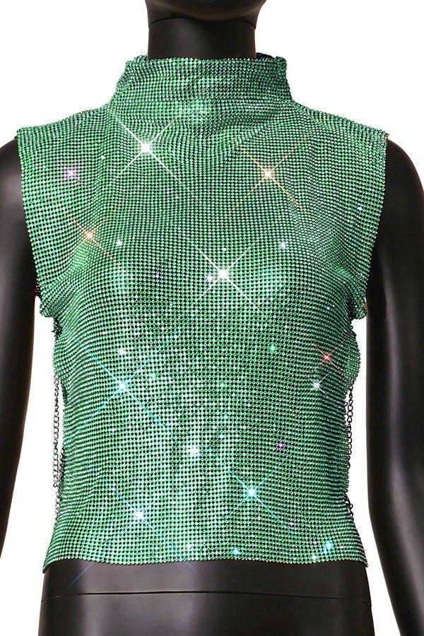 Sexy High-neck Rhinestone Metallic Top