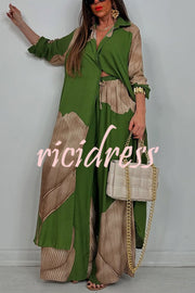 Unique Printed Casual Loose Long Shirt and Elastic Waist Pocket Wide Leg Pants Set