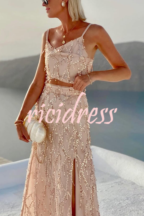 Evening Sky Tassel Sequin Cross Tank and High Rise Slit Maxi Skirt Set
