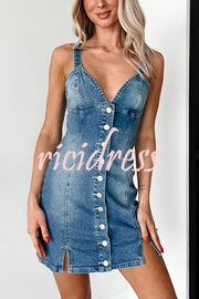 Sexy V-neck Open Back Button Slim Fit Denim Mini Dress