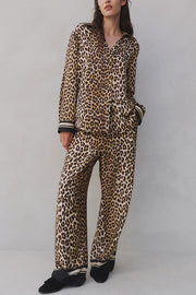 Unique Print Lapel Long Sleeve Loose Shirt and Elastic Waist Casual Pocket Wide Leg Pants Set