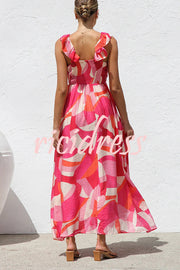 Unique Printed V-neck Ruffled Straps Pleated Back Maxi Dress