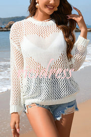 Solid Color Round Neck Long Sleeve Heart Knitted Beach Cover Up