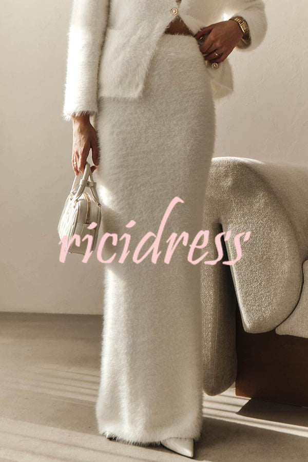 Solid Color Long-sleeved Button-pocket Knitted Jacket and Elegant Long Skirt Set