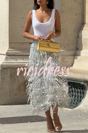 Evening Charm Layered Sequined Tassels High Rise Back Zipper Slit Midi Skirt