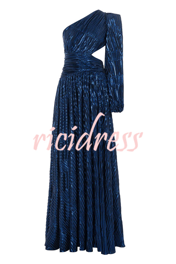 Dazzling Night Metallic Pleated One Shoulder Cutout Balloon Sleeve Gown Maxi Dress
