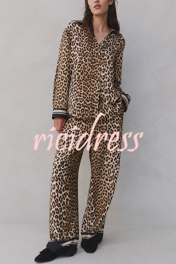 Unique Print Lapel Long Sleeve Loose Shirt and Elastic Waist Casual Pocket Wide Leg Pants Set