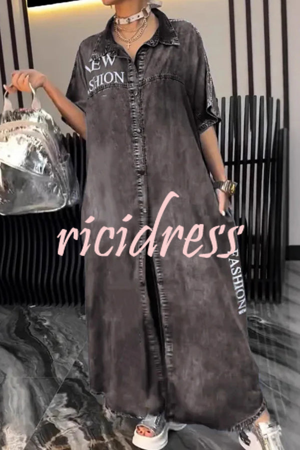 Fashion Letter Print Lapel Cardigan Loose Maxi Dress