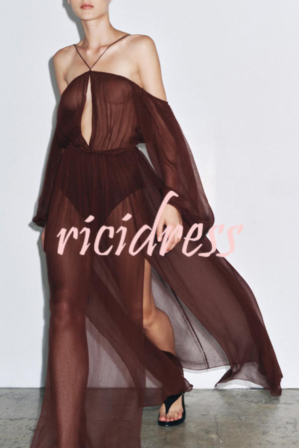 Marsie Semi-sheer Fabric Cutout Off Sholder Elastic Waist Slit Maxi Dress