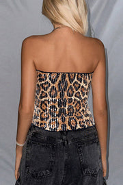 Sexy Sequined Leopard Print Off-shoulder Fitted Crop Top