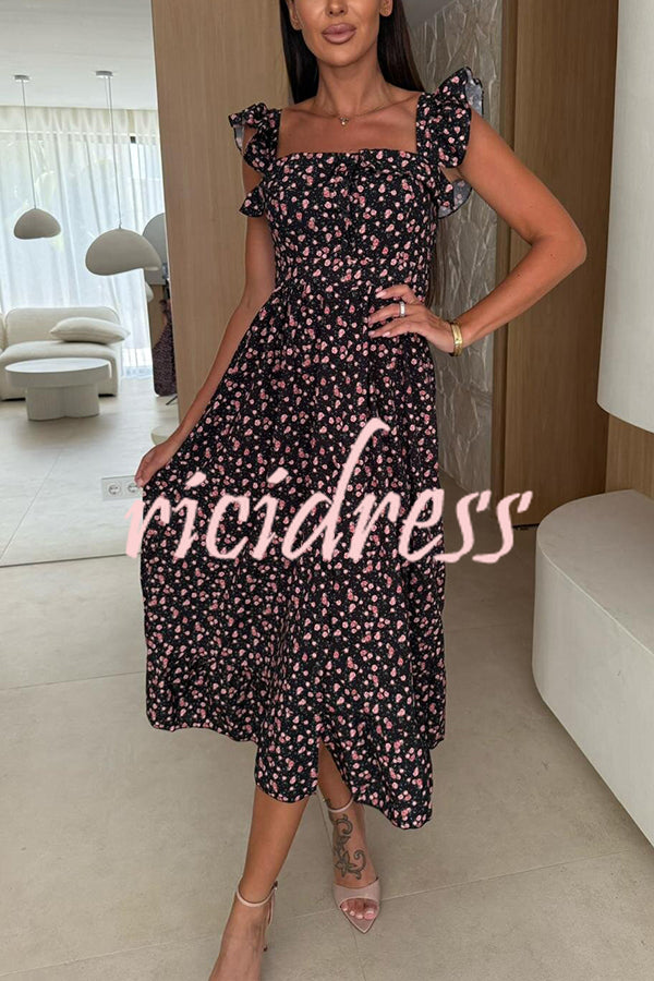 Floral Print Square Neck Pleated Back Midi Dress