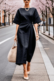 Solid Color Round Neck Half Sleeve Casual Waist Midi Dress