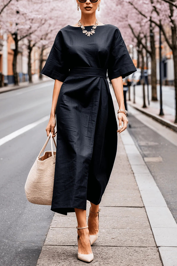 Solid Color Round Neck Half Sleeve Casual Waist Midi Dress