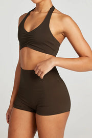 Fashionable Sports Yoga Style Halterneck Top and Stretch Slim Shorts Set