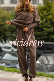 Solid Color Long-sleeved Zip-up Sweatshirt and Elastic Waist Loose Pocket Pants Set