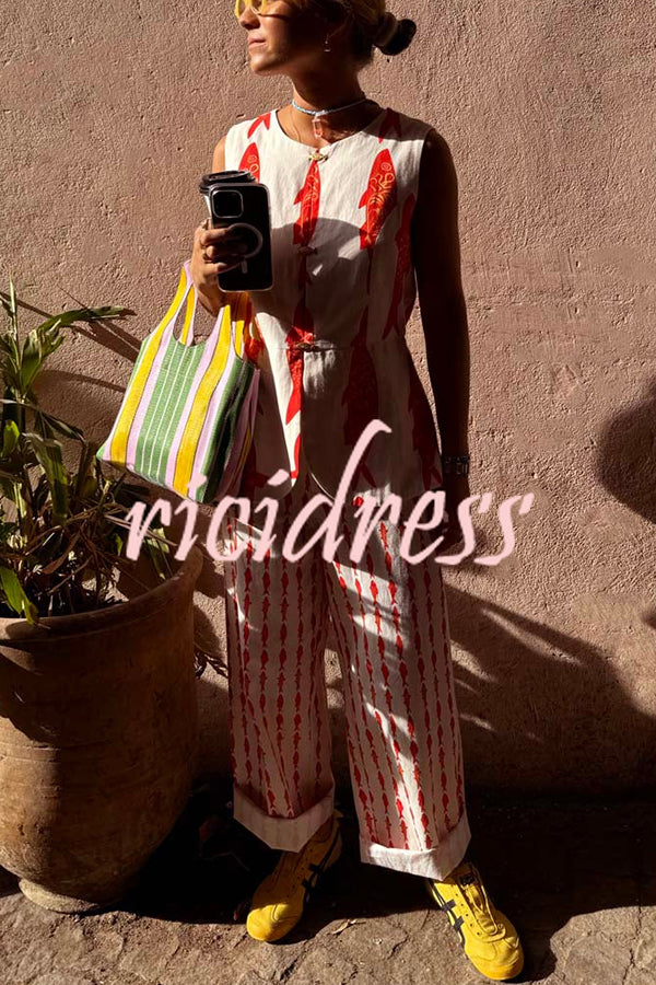 Good Luck Linen Blend Koi Pattern High Rise Elastic Waist Loose Pants