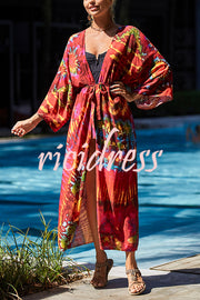 Unique Print Loose Lace Up Holiday Maxi Cover Up