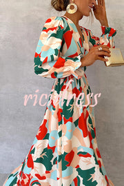 Colorful Printed V-neck Waist High Slit Ruffled Maxi Dress