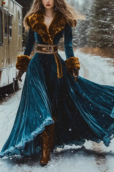 Gold Velvet Fashion Fur Collar Long Sleeve Elegant Maxi Dress