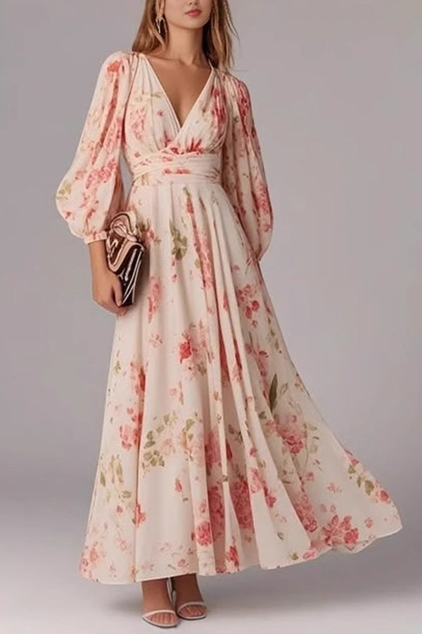 Floral Print Lantern Sleeves V-neck Waist Casual Maxi Dress