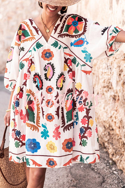 Unique Print Loose V-Neck Lantern Sleeve Mini Dress