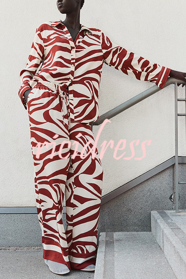 Unique Print Lapel Long Sleeve Loose Shirt and Elastic Waist Casual Pocket Wide Leg Pants Set