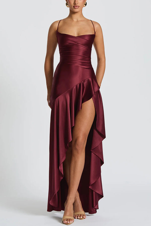 Solid Color Sexy Backless Lace-up Irregular Ruffled Maxi Dress