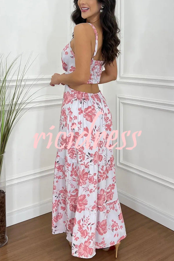 Vintage Charm Floral Print Cutout Back Smocked Maxi Dress