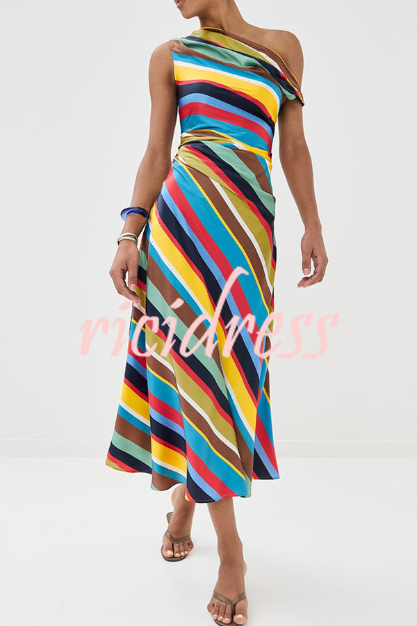 Sunkissed Satin Colourful Stripe Print One Shoulder Midi Dress