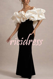 Cecily Velvet Off Shoulder Satin Structured Bardot Neck Stretch Maxi Dress