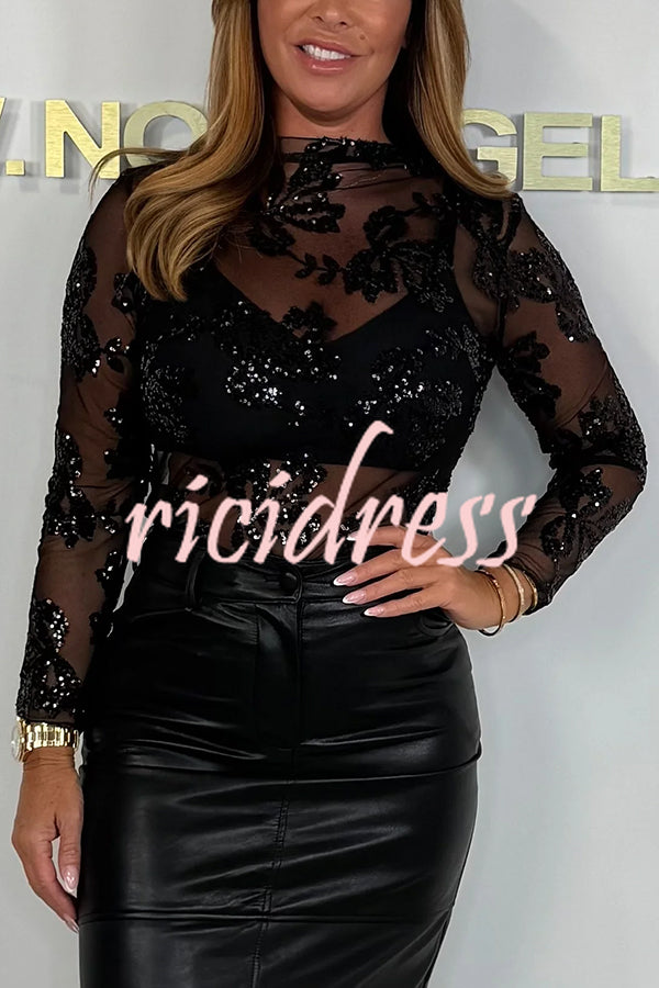 Chelsea Sheer Flower Sequin Detail Mock Neck Long Sleeve Stretch Top