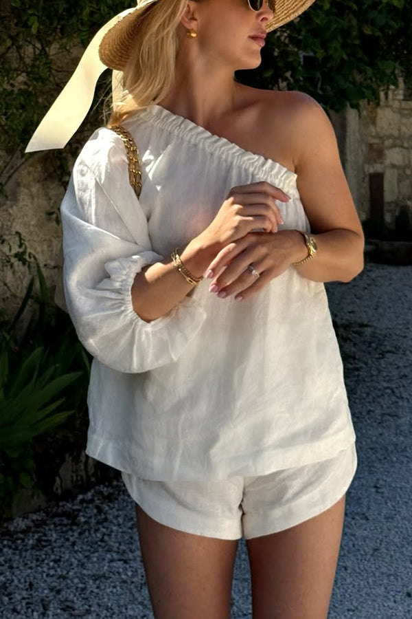 Chasing Comfort Linen Blend One Shoulder Top and Elastic Waist Pocket Shorts Set