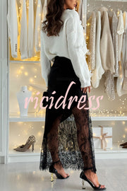 Gentle Winter Satin Lace Patchwork High Rise Elastic Waist Maxi Skirt